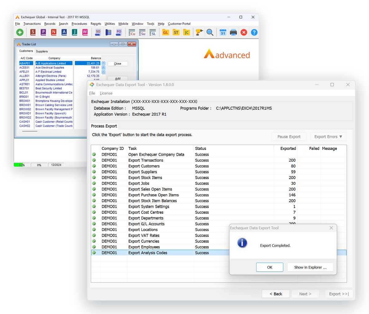 Export Tool progress screen listing each export task and the number of records exported